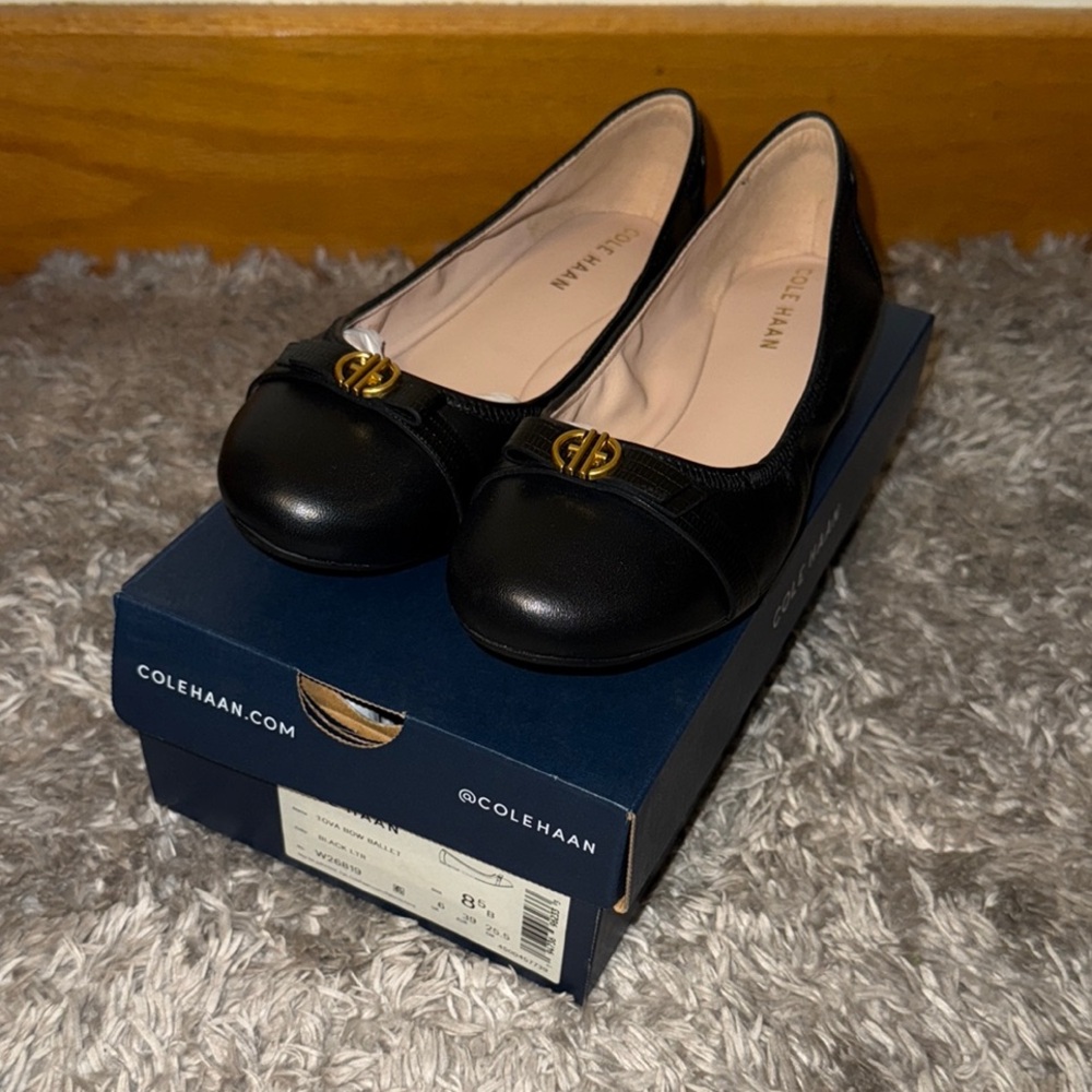 New Cole Haan Women’s Leather Tova Bow Black Ballet Flats